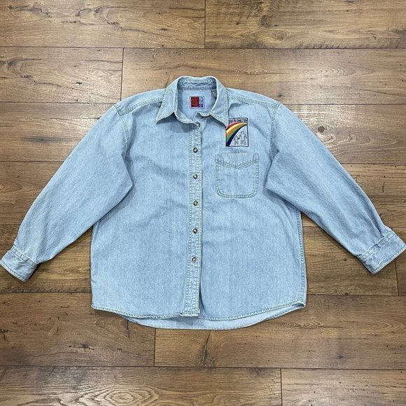 Vintage Sun Belt Denim‎ Shirt Womens Large Embroidered Rainbow Connection Button - Picture 1 of 14
